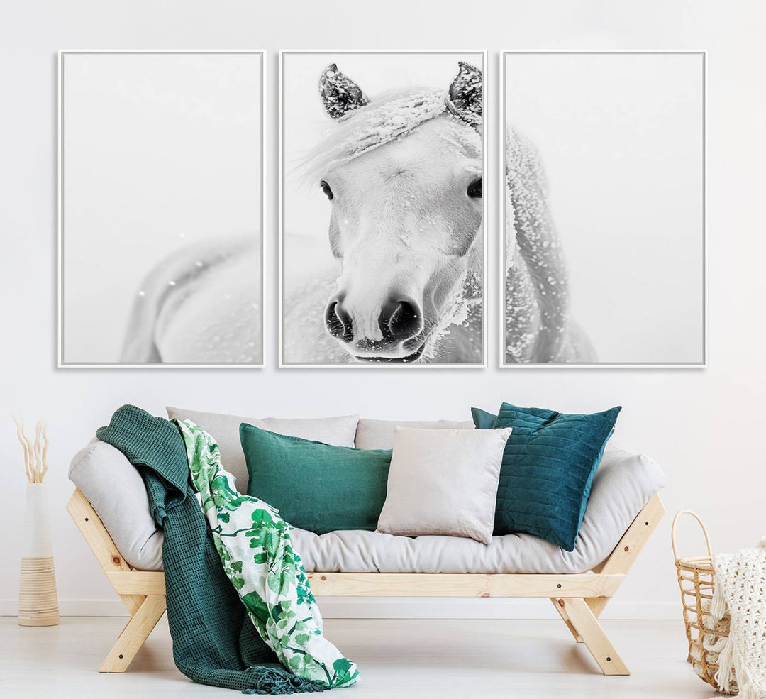 The dining room features the Majestic White Horse Wall Art, adding to its rustic charm.