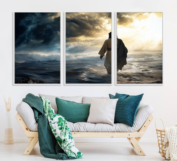 A dramatic sky serves as the backdrop for the Jesus Walking on Water wall art, a perfect piece for Christian home decor.