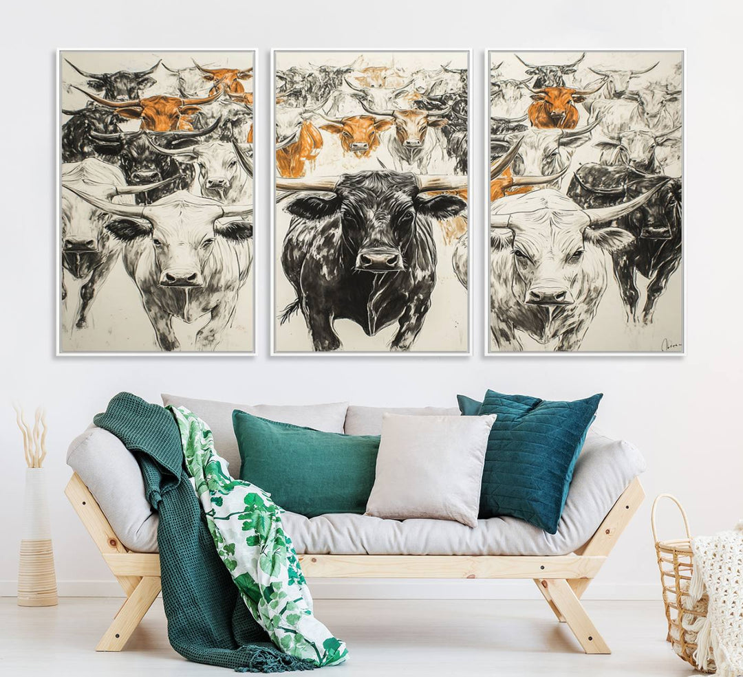 Texas Longhorn Wall Art canvas features cattle artwork with an abstract design, perfect for farmhouse decor on a porch.