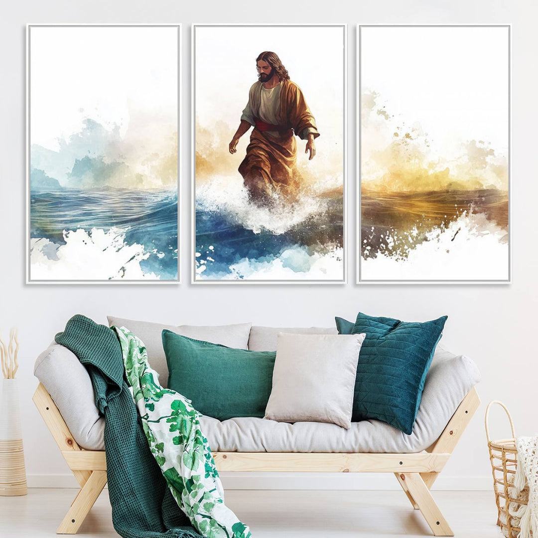 This watercolor canvas print depicts Jesus walking, characterized by abstract splashes against a serene background. It serves as a beautiful piece of Christian wall art.