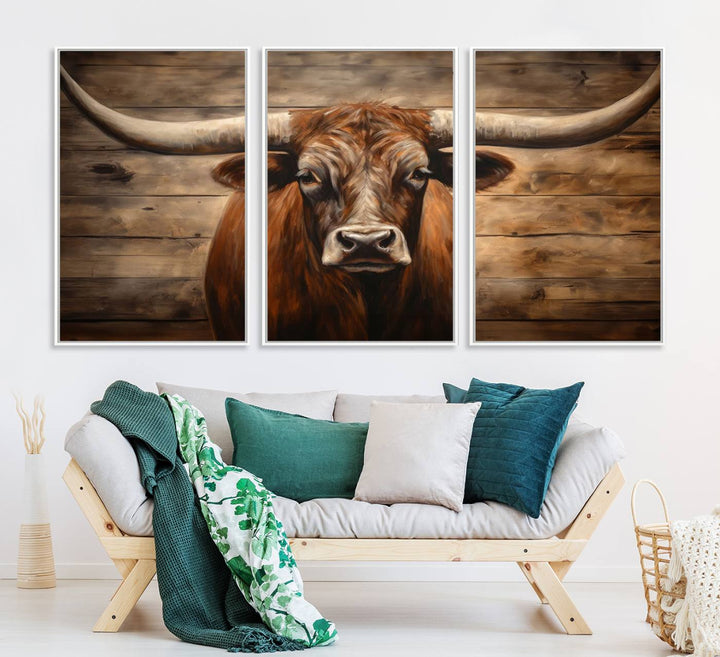 Longhorn Bull Canvas Print: Rustic Farmhouse Decor, Ready to Hang Western Barn Art.