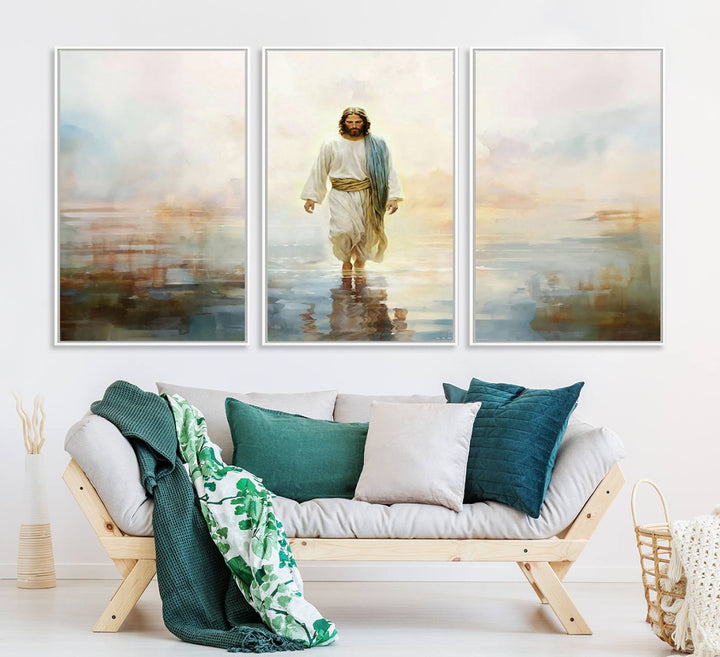 The 3-panel Framed Jesus Walking on Water Wall Art showcases a serene religious scene.