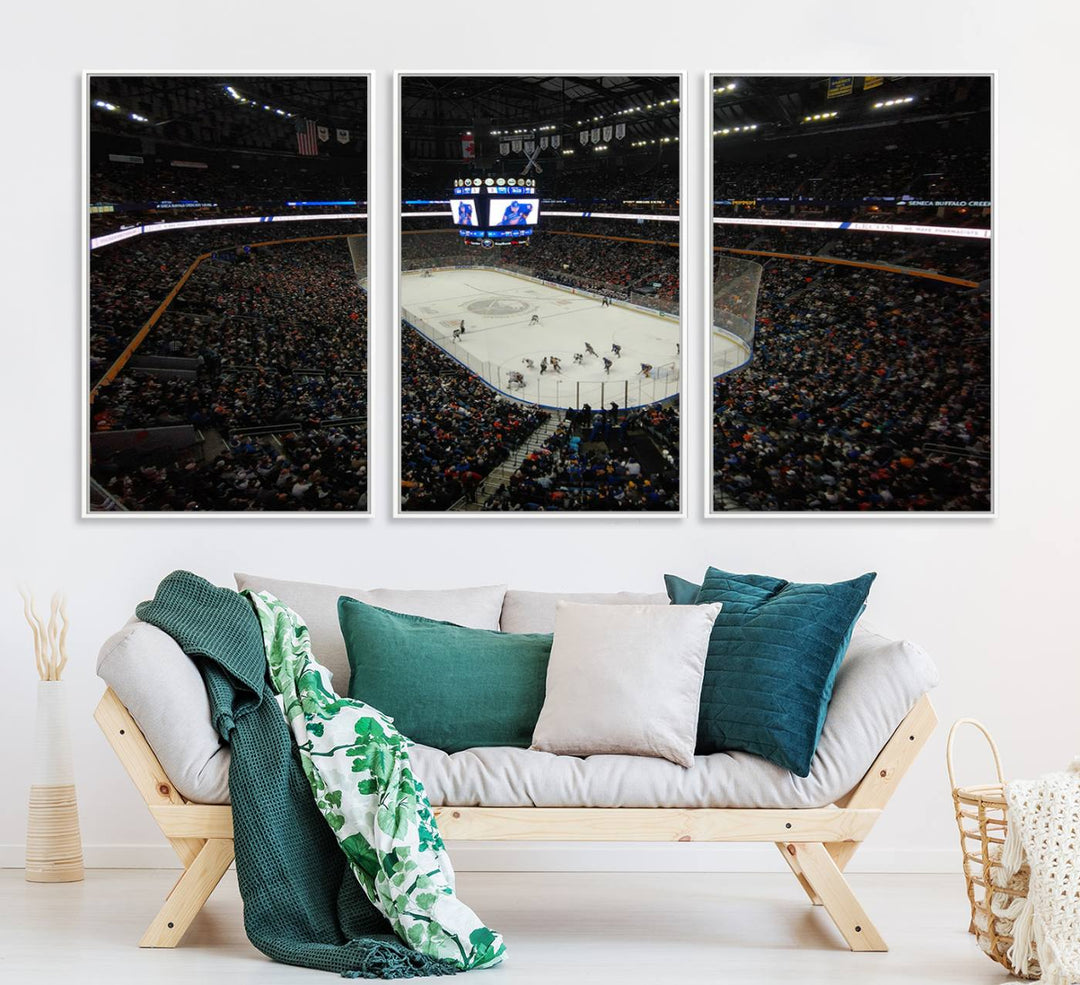 The wall art captures the essence of a Buffalo Sabres game on ice at KeyBank Center, making it deserving of a premium canvas print.