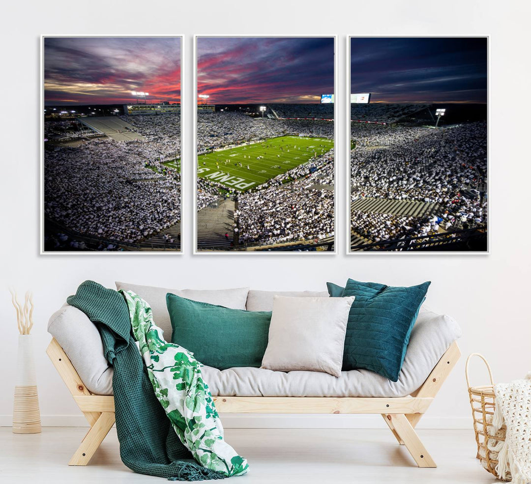 A sunset print on a canvas wall art piece captures the scene of white-clad fans at Beaver Stadium for the Nittany Lions game.