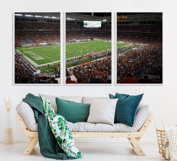 Aerial view of a Miami Hurricanes game at Hard Rock Stadium captured on canvas print, showcasing the teams on the field and fans in the stands.