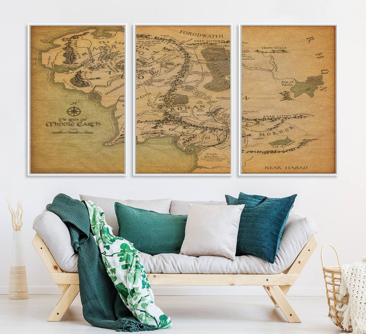Vintage J.R.R. Tolkien Middle-Earth Map 3 Panel Canvas, perfect as wall art for home or office decor.