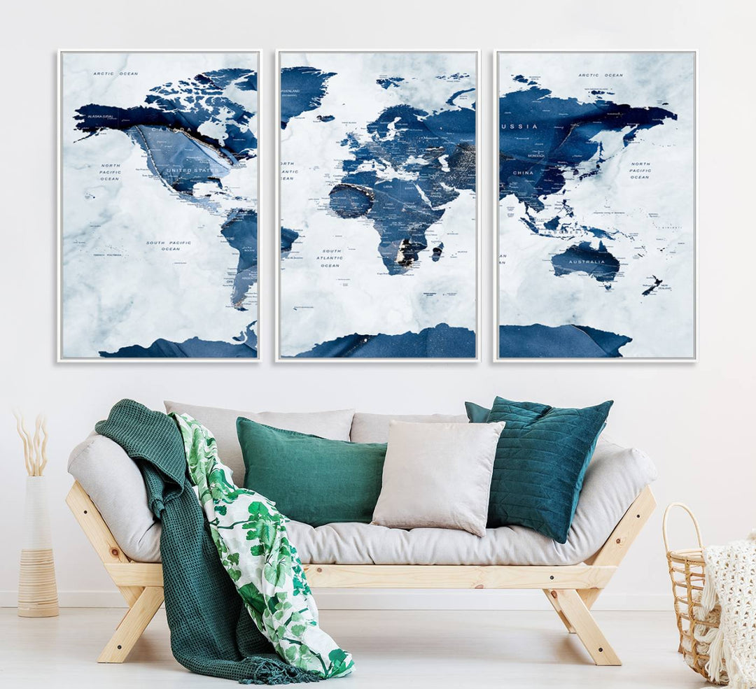 Navy Blue World Map with Antarctica Canvas: A perfect abstract home decor piece featuring a grunge-stained background.