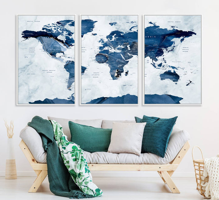 Blue and white watercolor World Map Wall Art Canvas Print, perfect for enhancing decor.