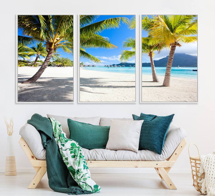 Blue Beach and Sea Wall Art Canvas Print: showcases a tropical scene with palm trees, white sand, and turquoise water.