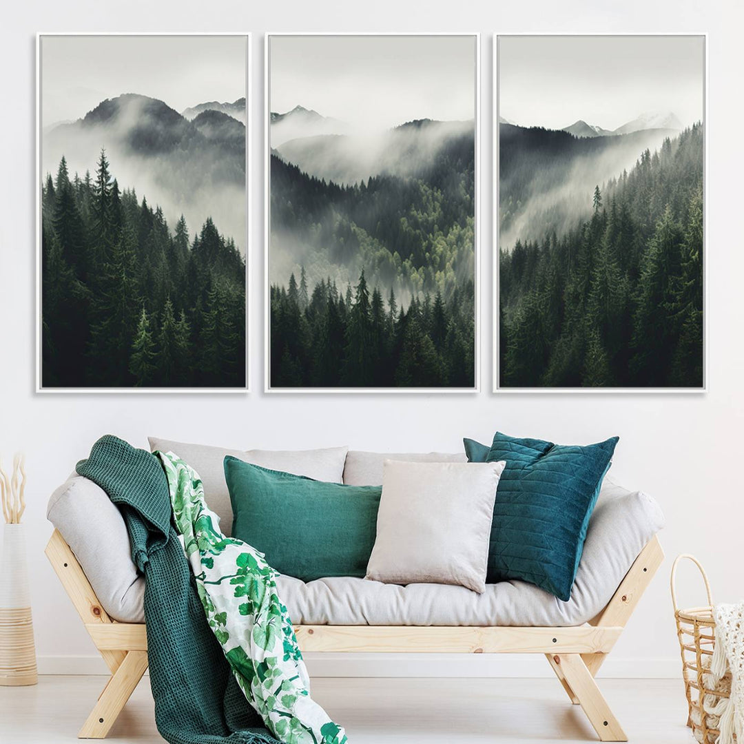 Serene and mystical landscape of misty mountains and dense evergreens, ideal for a Misty Mountain Forest Canvas Wall Art Print.