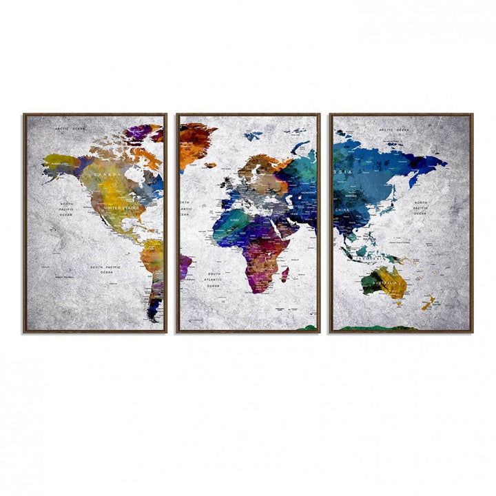 The World Map Art Canvas Print, featuring country names on a grunge-stained gray background, is perfect for stylish home decor.