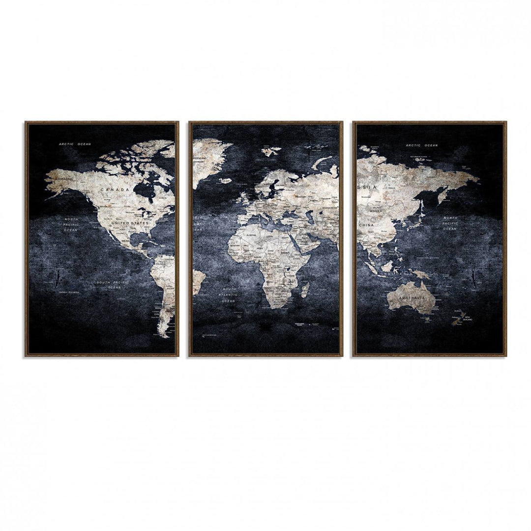 Rustic Black and Bronze World Map Canvas Triptych features white continents on a grunge-stained background.