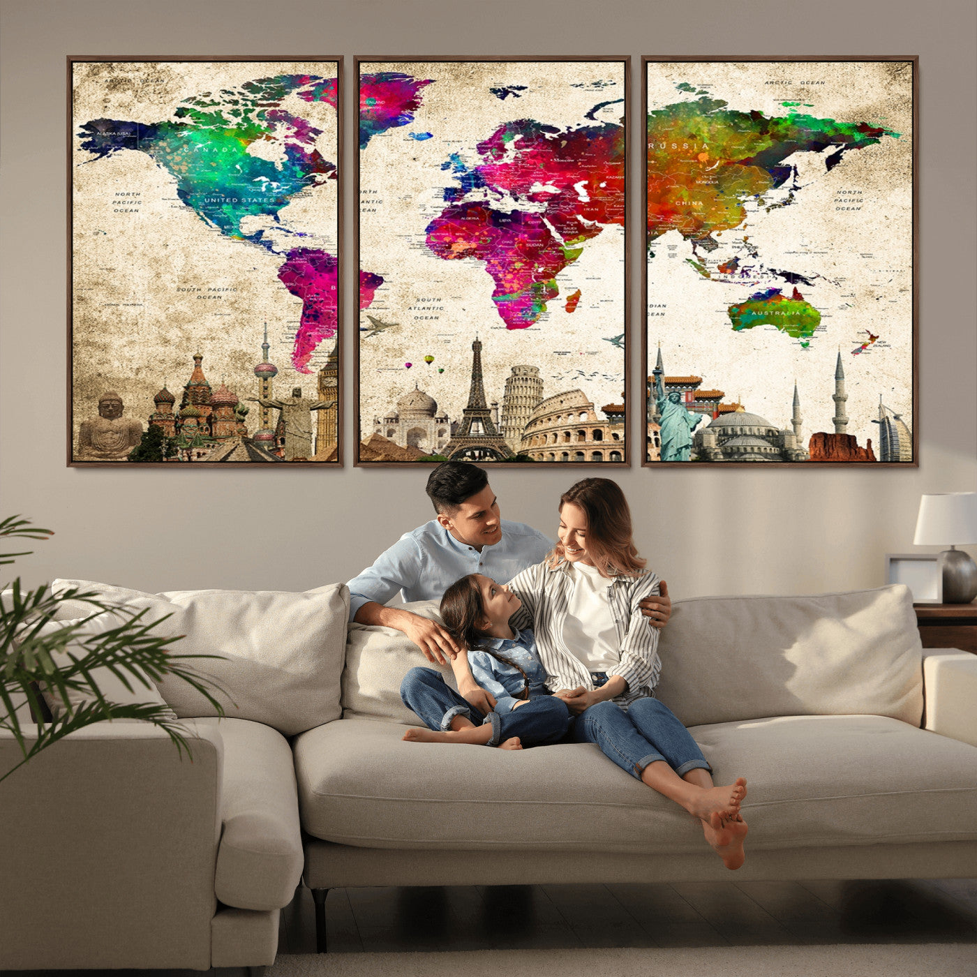 MGV-FC-60X30-3P - Push Pin World Map Canvas Print – Framed Wall Art for Couples to Track Their Travels – Anniversary