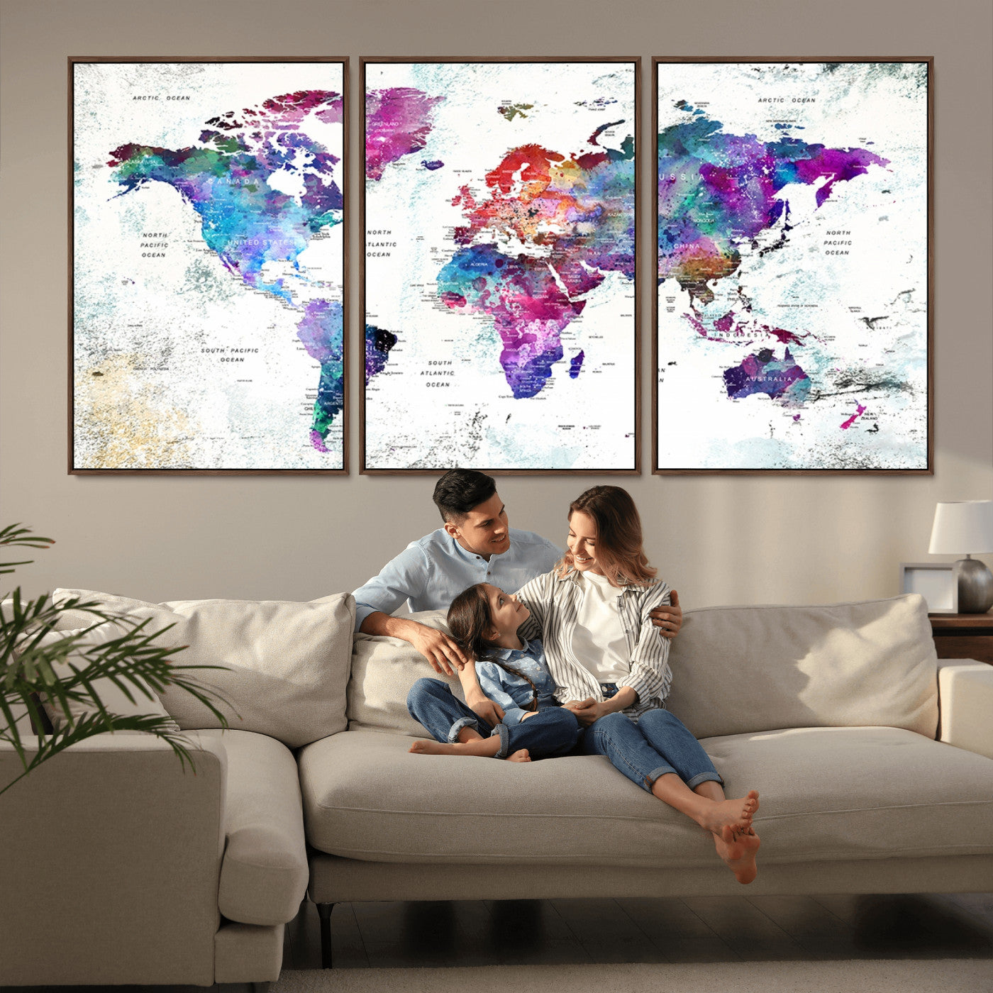 MGV-FC-60X30-3P - Push Pin World Map Canvas Print – Framed Wall Art for Couples to Track Their Travels – Anniversary