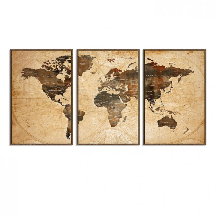 Vintage World Map: 3-Panel Canvas Print in antique rustic style. Framed and gallery wrapped. Ideal for decor.