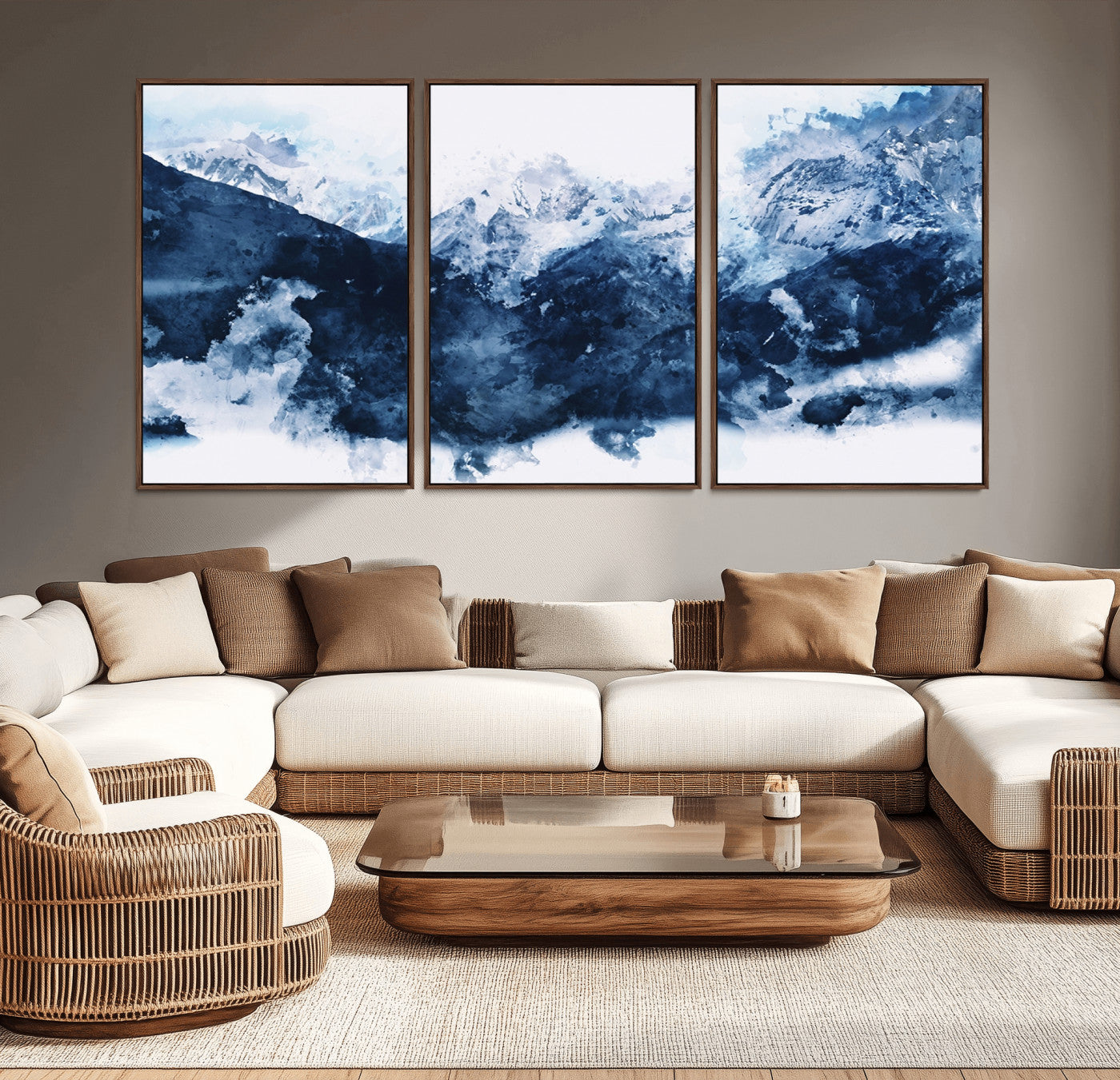 81700-MGV-CV-36X24-Abstract Blue Mountain Canvas Wall Art – Modern Triptych Landscape Print – Contemporary Nature Decor for Living Room or Office – Ready to
