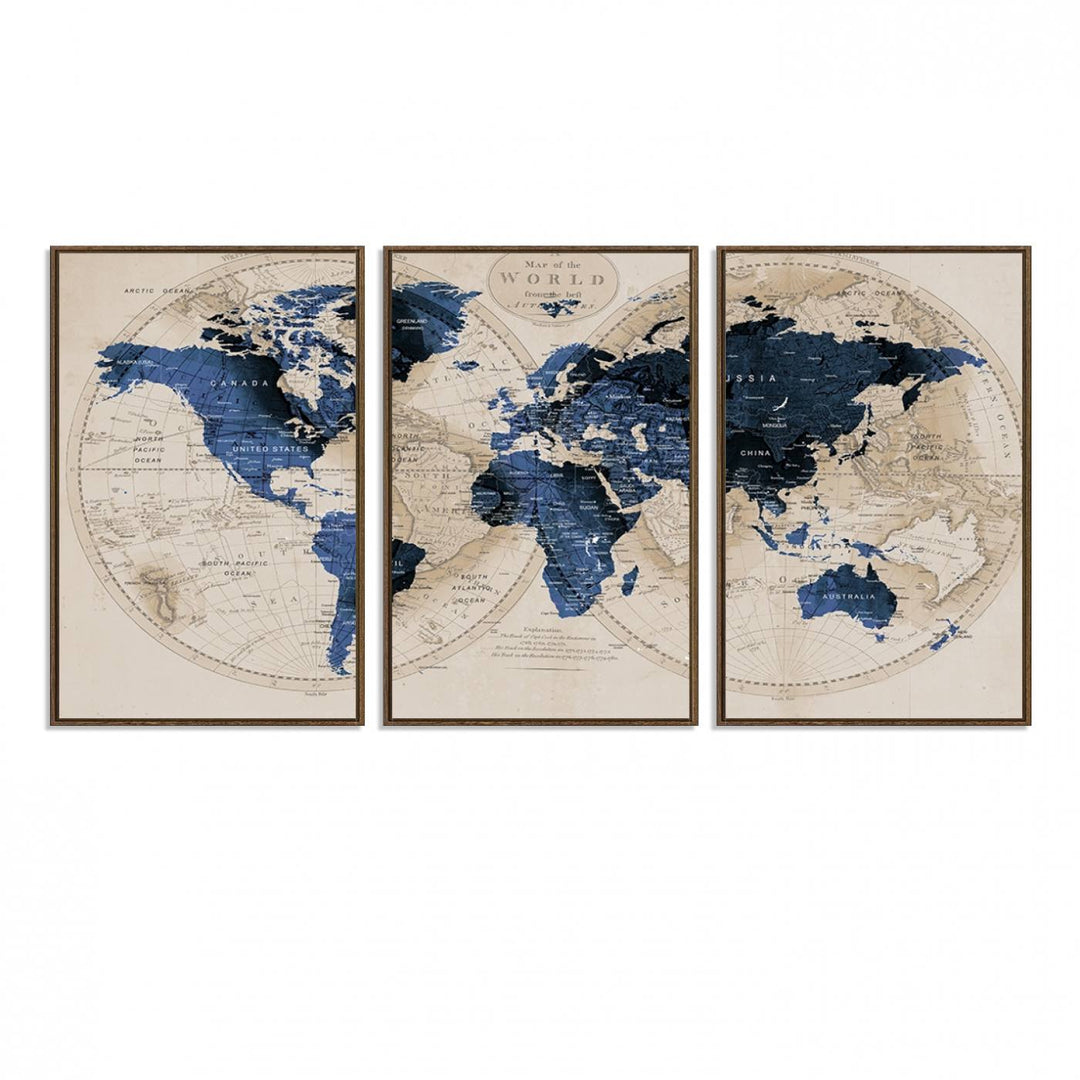 The Vintage Triptych Map Print is a grunge-stained blue and beige world map, perfect for enhancing wall decor.