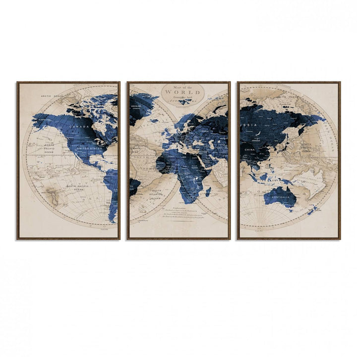 The Vintage Triptych Map Print is a grunge-stained blue and beige world map, perfect for enhancing wall decor.