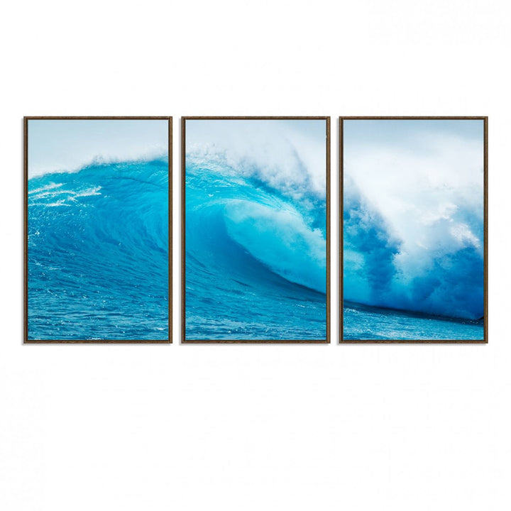 A museum-quality canvas depicting a vibrant blue ocean wave with white foam under a clear sky.