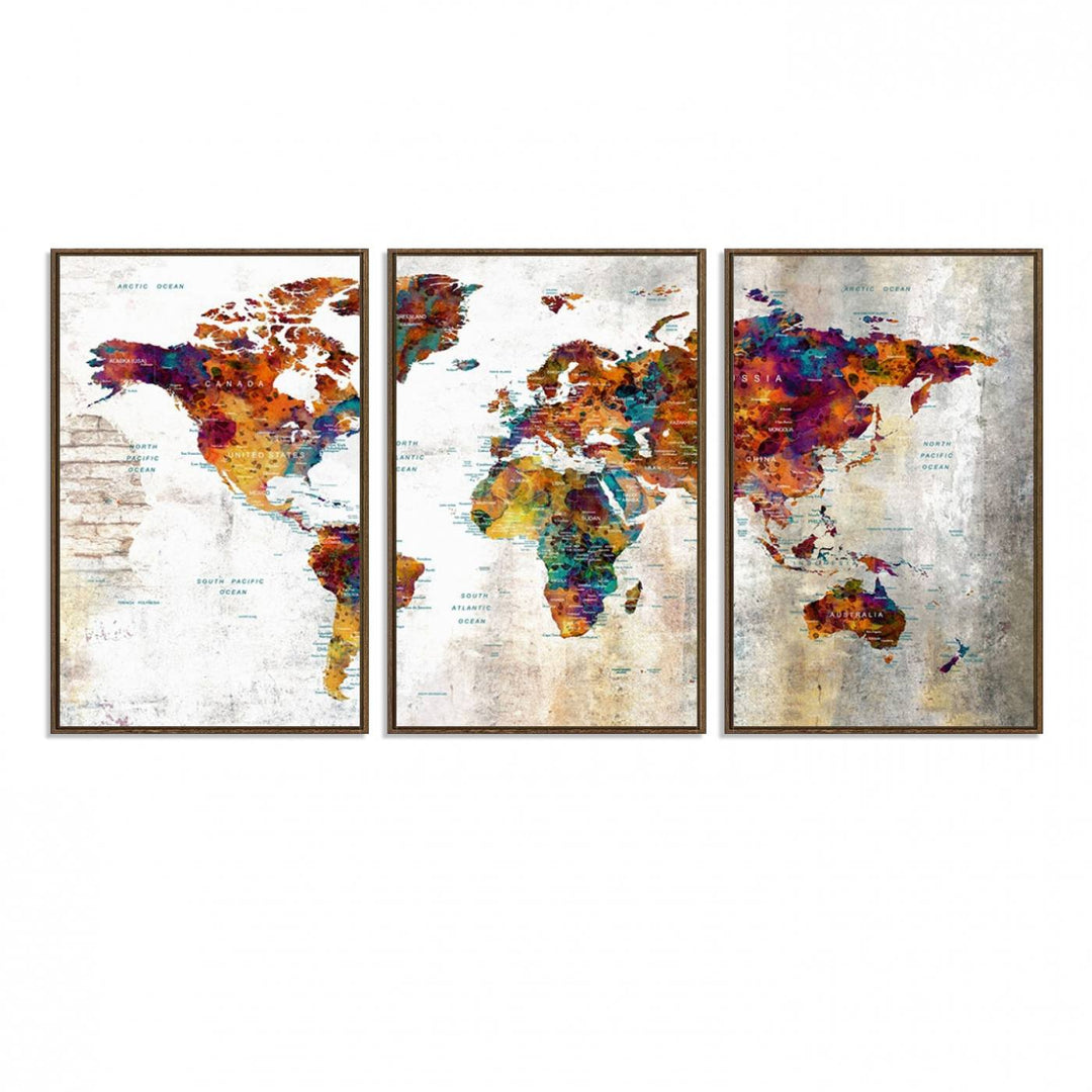 A vibrant Grunge Map Canvas Wall Art Set (3 Panels) for home or office decor, perfect for travel enthusiasts.