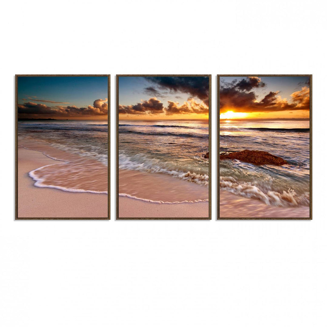 The Sunset on Ocean Wall Art Canvas Print beautifully captures a beach sunset, gentle waves, and a peaceful atmosphere.