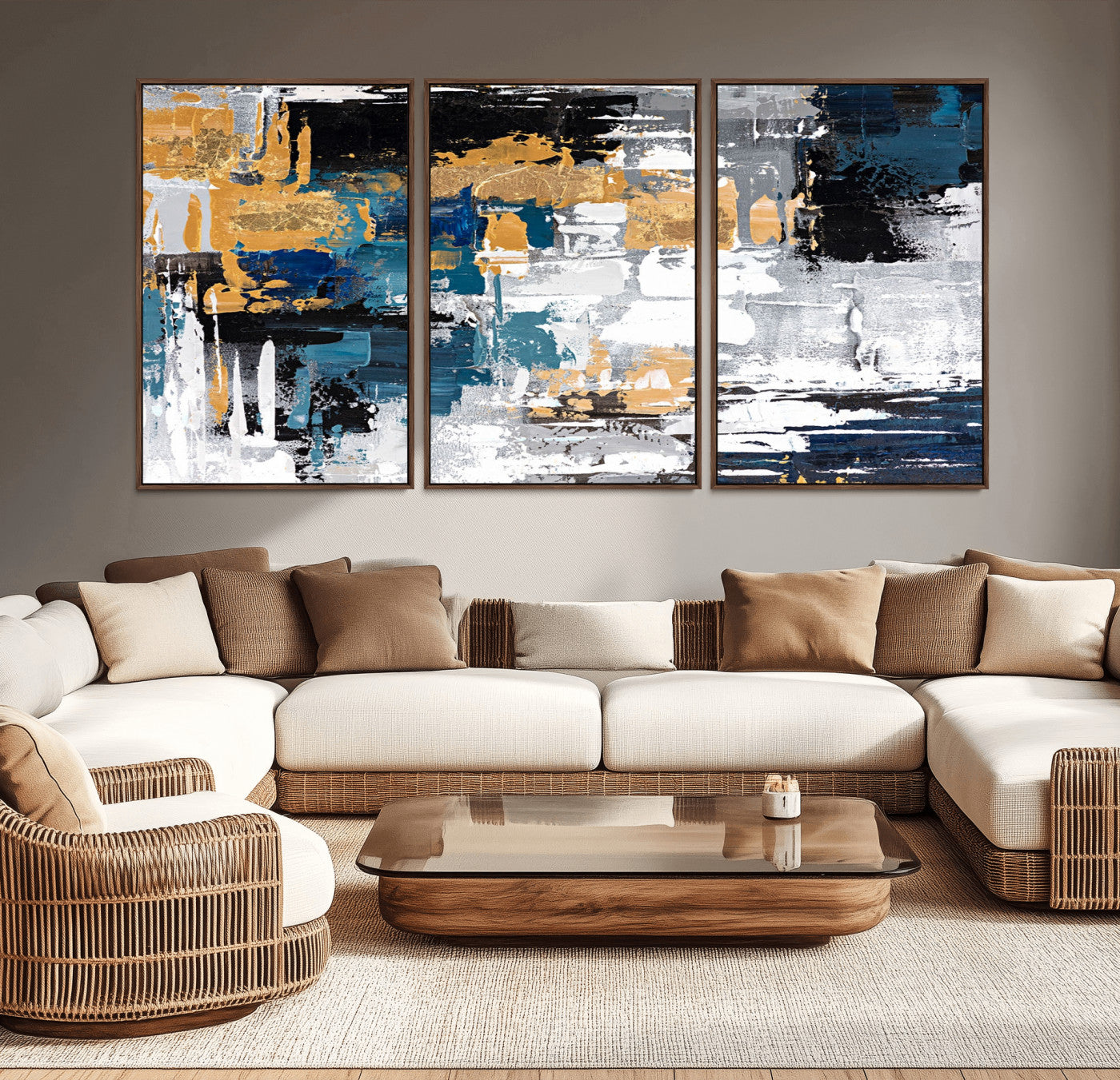 -Blue and Gold Abstract Canvas Wall Art – Triptych Modern Painting for Living Room – Framed and Ready