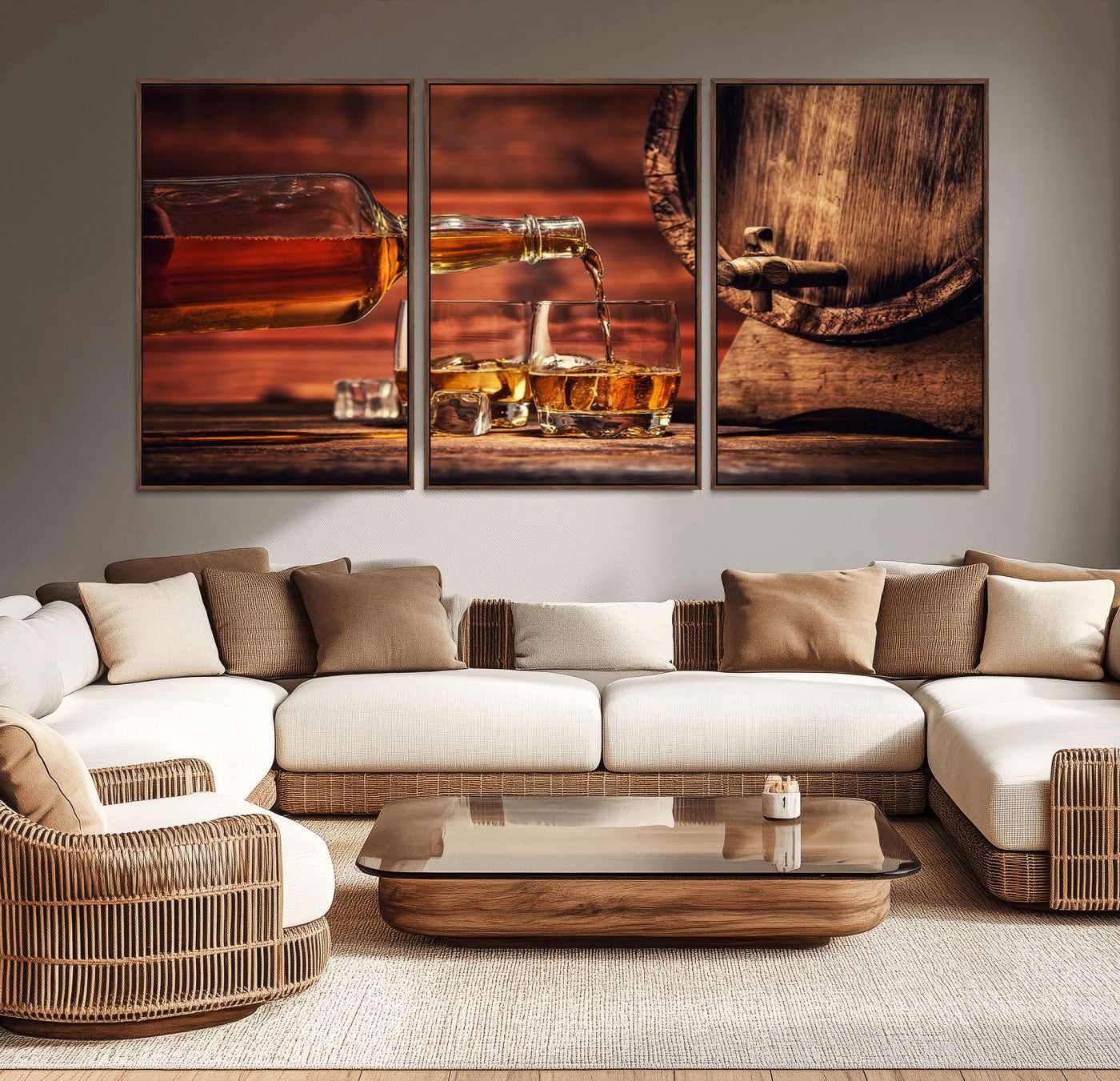MGV-FC-60X30-3P - Whiskey and Cigar Canvas Wall Art | 3 Panel Bar Room Decor for Home Lounge, Office, or Man Cave |
