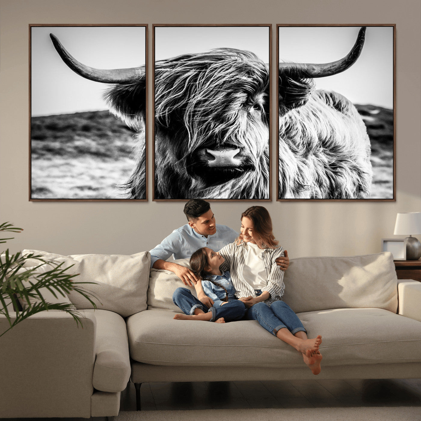 54309-MGV-CV-36X24 - Black and White Scottish Cow Canvas Wall Art Highland Cattle Canvas Print Framed Ready to Hang Original Cotton Canvas High Quality Image Multi Panel Wall Art Printable Artwork for Walls