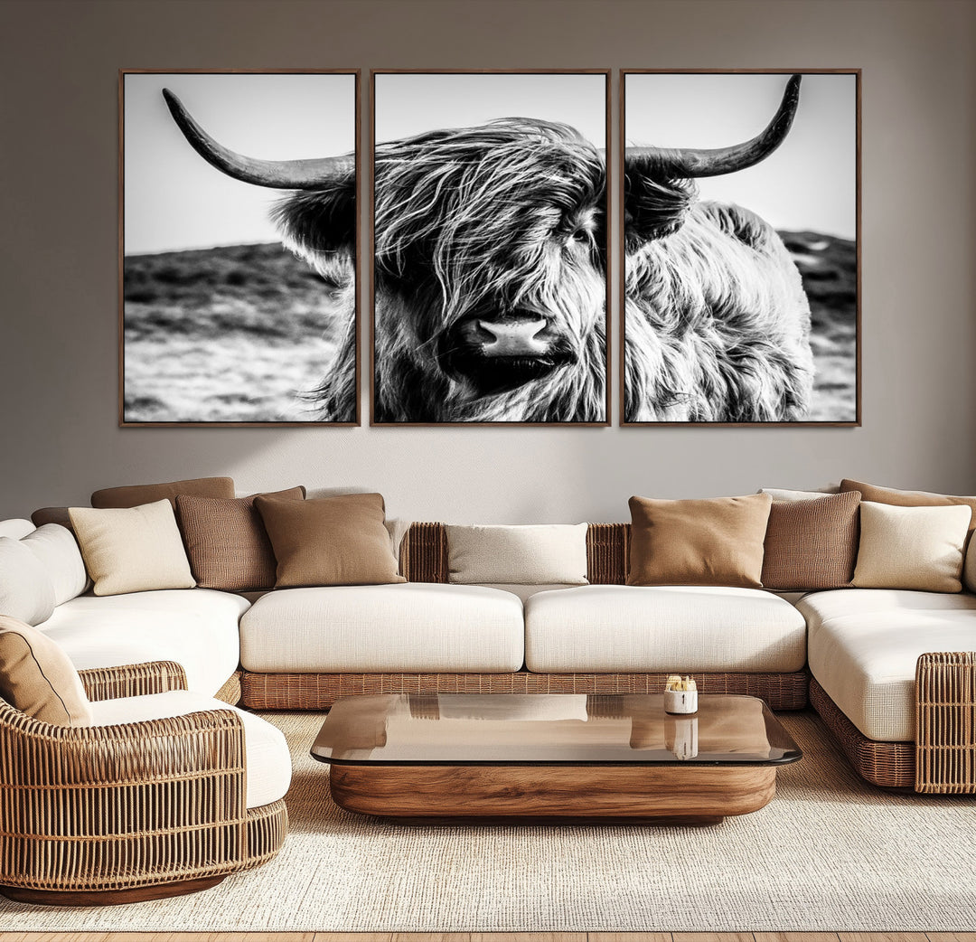 Highland Cow Wall Art | 3-Panel Black and White Highland Cow Canvas Print for Western Farmhouse Decor