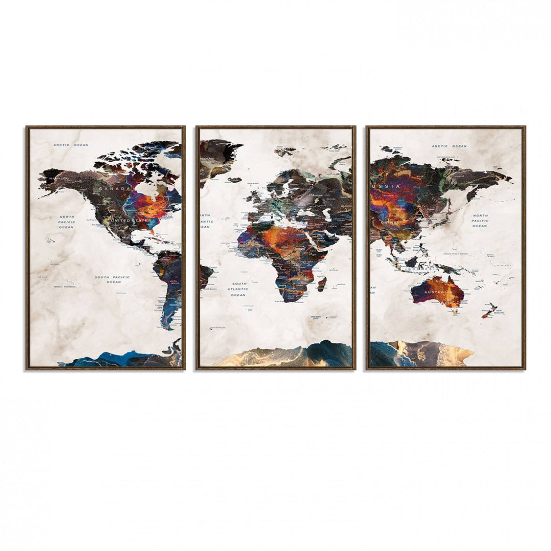 Watercolor World Map Canvas Print in earthy hues with a grunge background, ideal for wall decor.