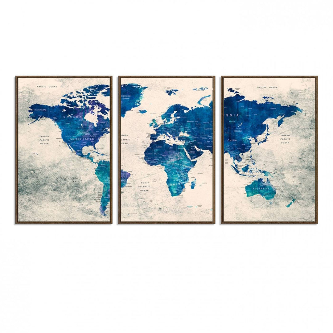 Navy Blue Push Pin World Map Canvas Print featuring a grunge-stained background, with labeled countries and oceans.