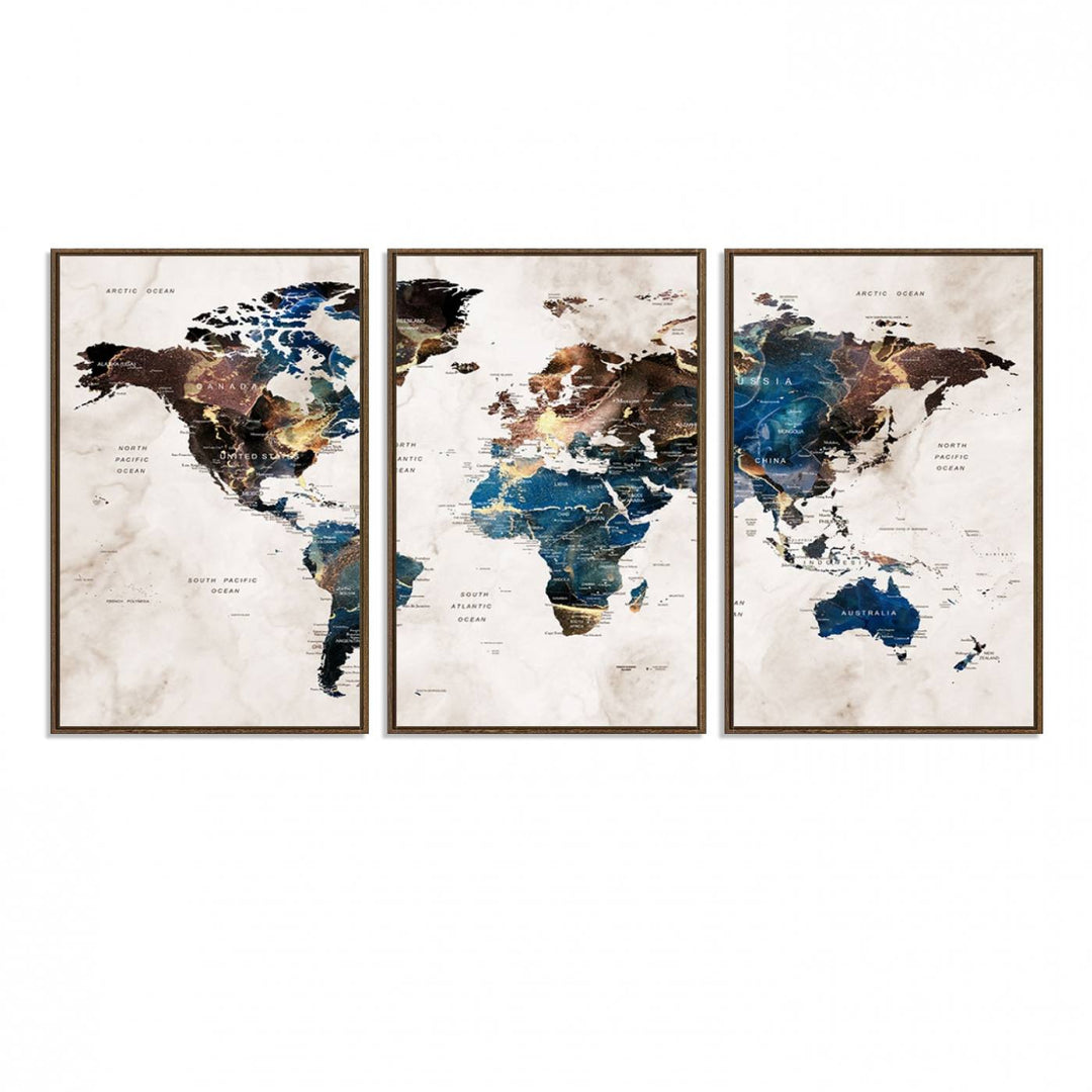 Abstract earth-toned 3-panel world map wall art featuring blues and browns, ready to hang; it showcases continents on modern canvas.