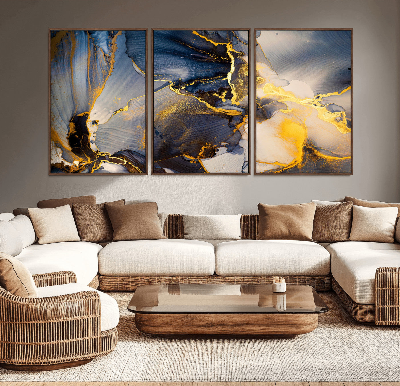 42100-MGV-CV-36X24-Large Abstract Wall Art Print - Gold and Blue Abstract Canvas Wall Art | Fluid Ink Modern Luxury