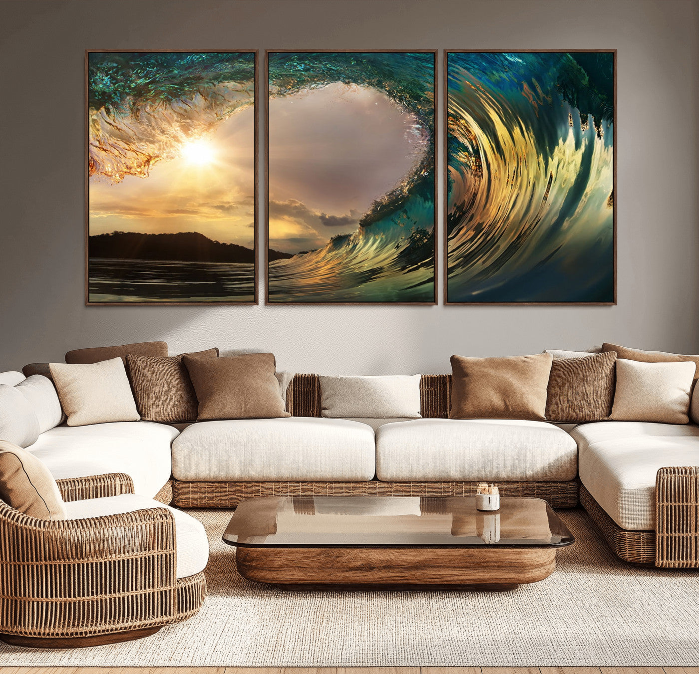 MGV-FC-60X30-3P - Golden Wave Sunset Giclee Canvas Print – Large Coastal Wall Art for Nature Lovers, Captivating Ocean Wave Decor