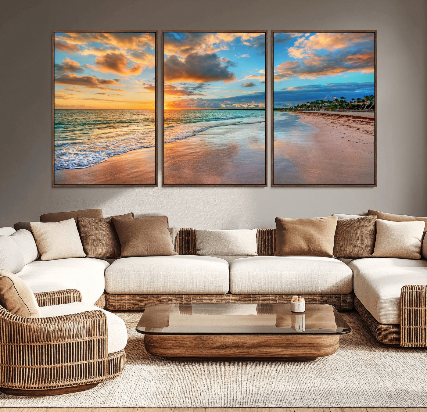 41572-MGV-CV-36X24-Sunset Ocean Waves on Tropical Beach, 3-Panel Giclee Canvas Art for Coastal Home Decor, Framed