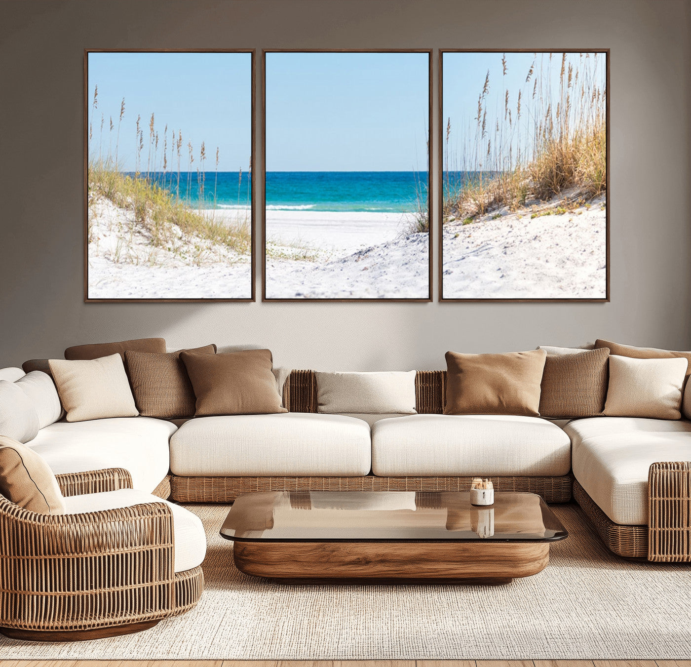 MGV-FC-60X30-3P - Serene Coastal Dune Path with Ocean View, 3-Panel Beach Canvas Wall Art, Tranquil Seascape Giclee Print, Gallery Wrap, Perfect for Coastal Home Decor