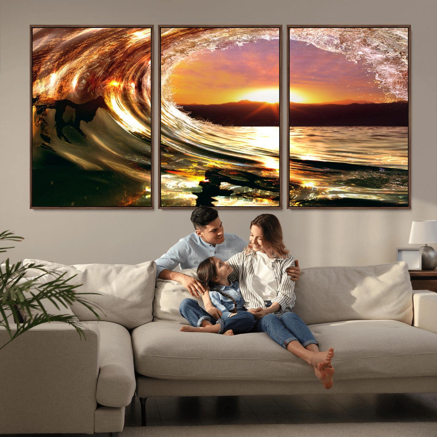 MGV-FC-60X30-3P - Golden Wave Sunset Triptych Canvas Art, Giclee Canvas Print of Ocean Wave and Sunset, Framed Ocean
