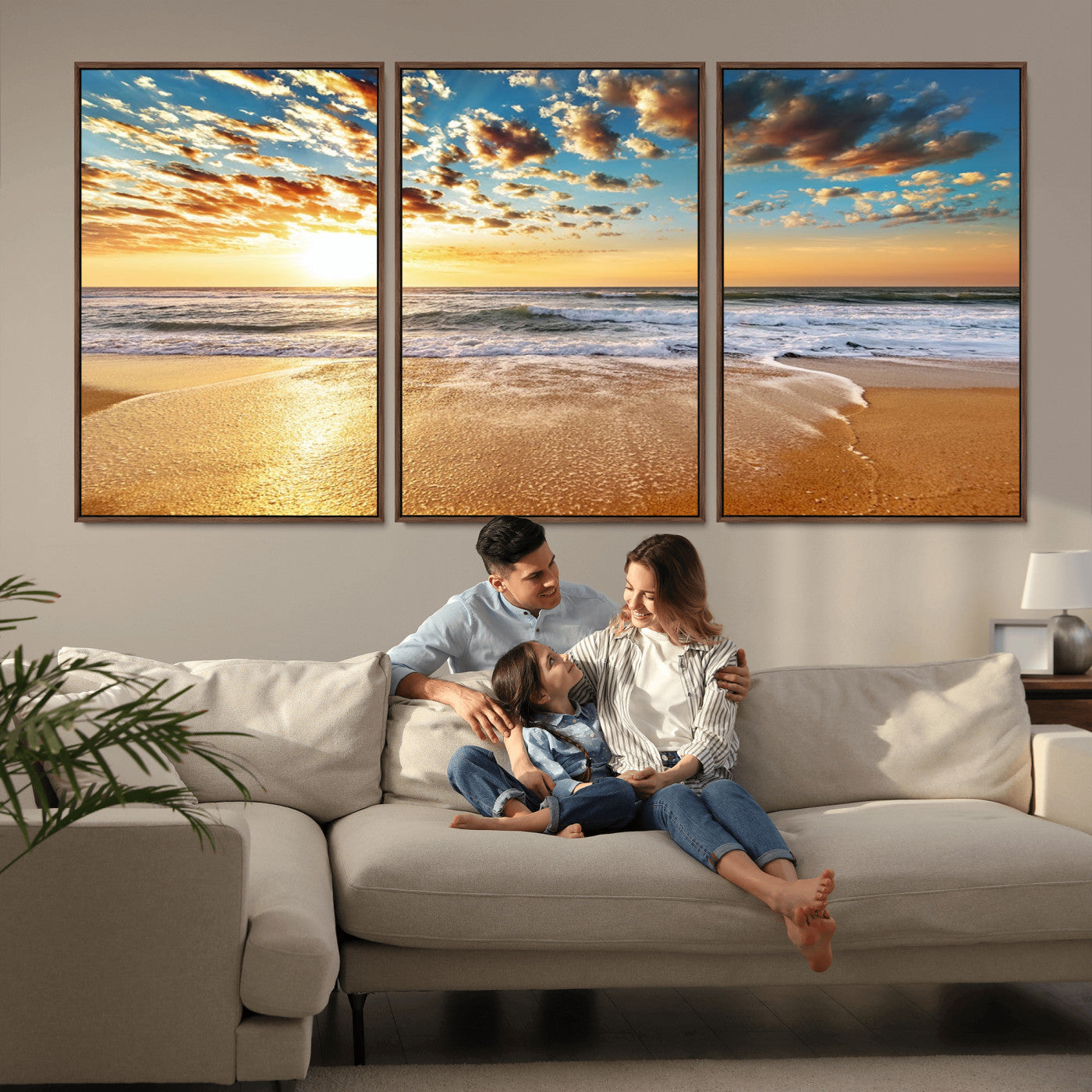 MGV-FC-60X30-3P - Golden Sunset Beach Print Canvas Wall Art, Giclee Canvas Print with Canon Print Quality, Triptych