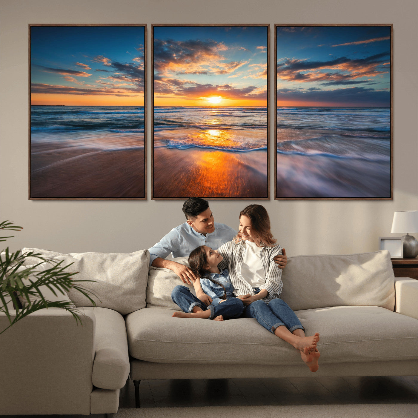 MGV-FC-60X30-3P - Sunset on the Ocean Beach with Waves, Reflections on Sand, Coastal Wall Art Print, Beach Wall Art,