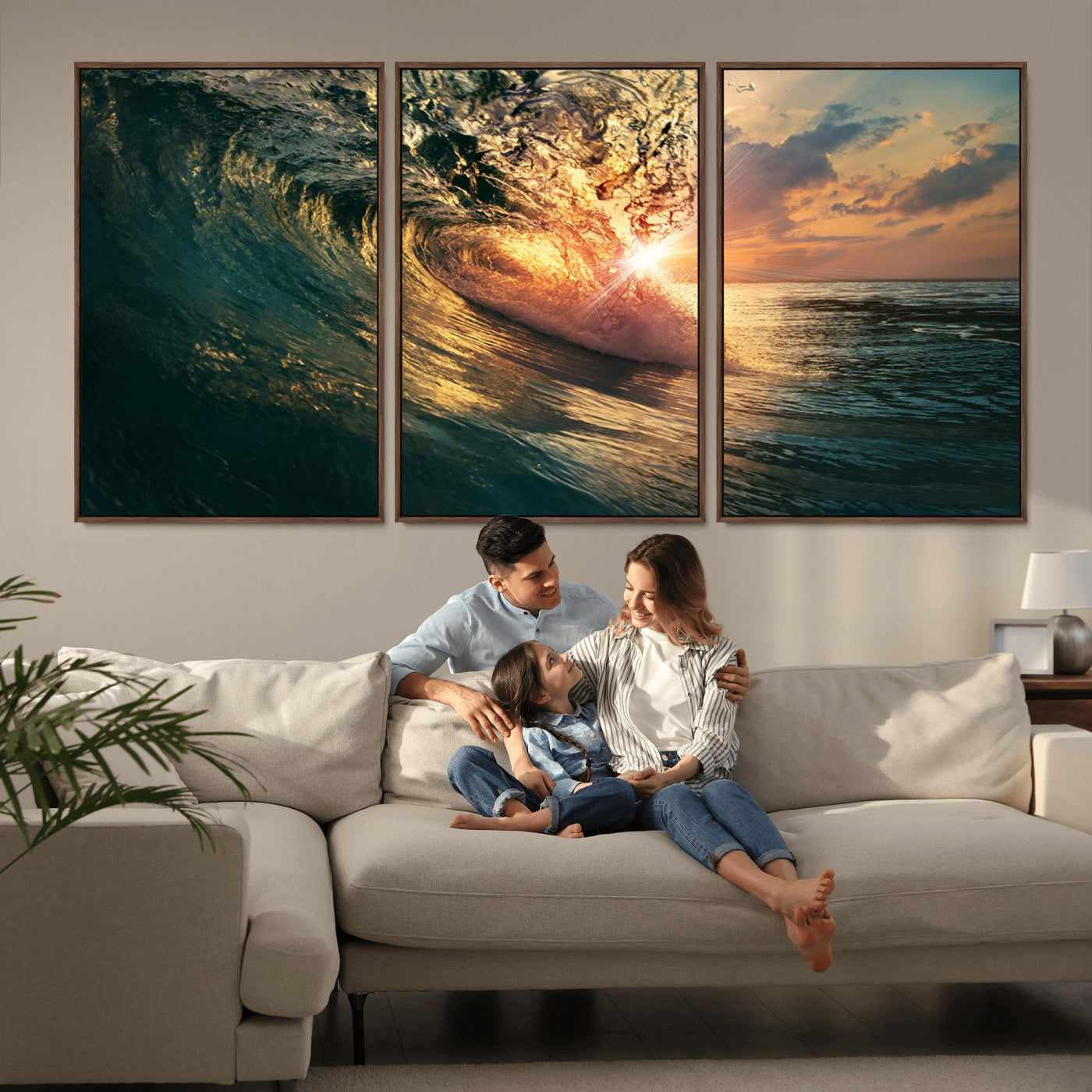 MGV-FC-60X30-3P - Ocean Wave Sunset Canvas Wall Art – Triptych Seascape Print – Framed and Ready to Hang for Living Room or Office