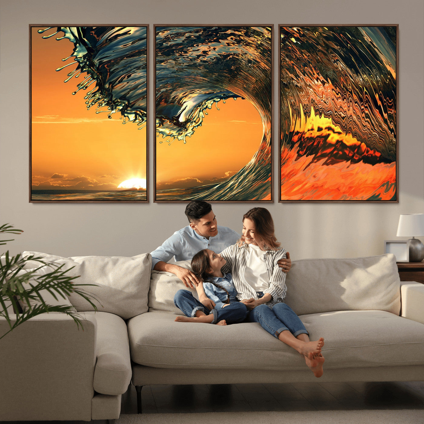 -Surf Wave Sunset Canvas Wall Art Print, 3-Panel Ocean Coastal Wall Art Print, Ocean Decor for