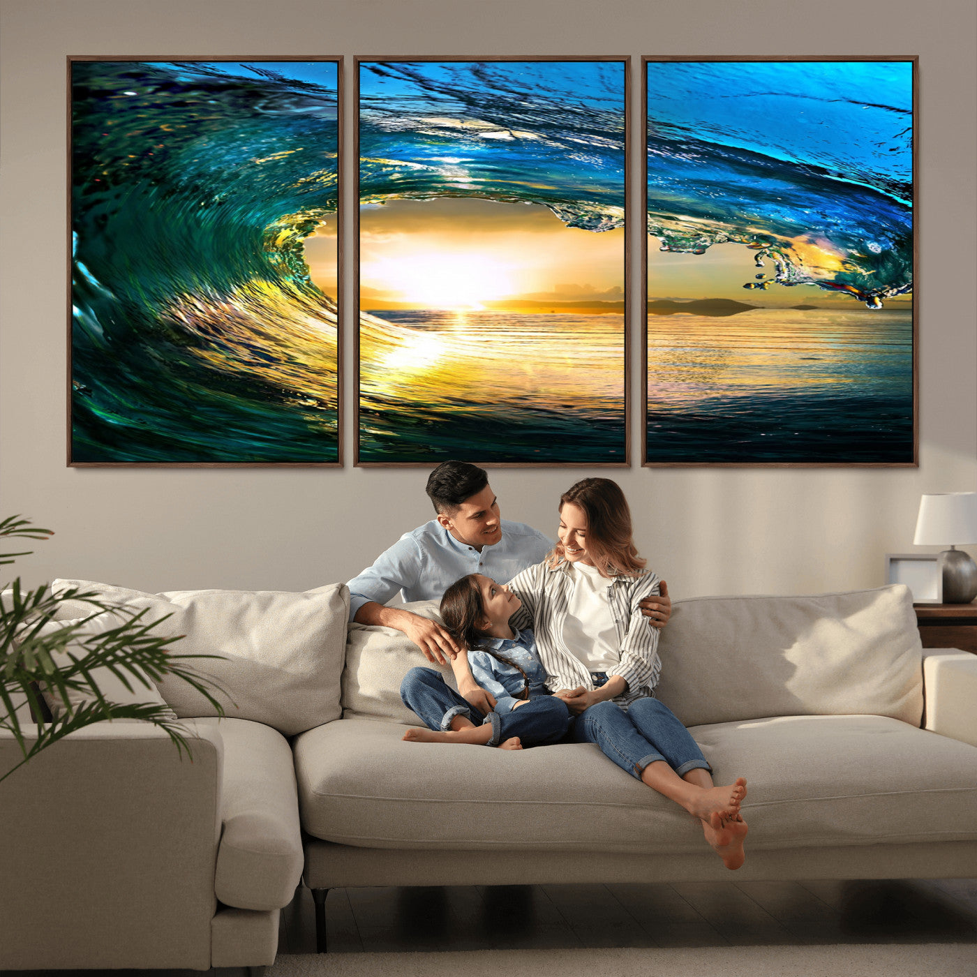 MGV-FC-60X30-3P - Ocean Wave at Sunset Canvas Art, Large Wall Print of Vibrant Water Waves, Coastal Art for Living Room and Dining Room