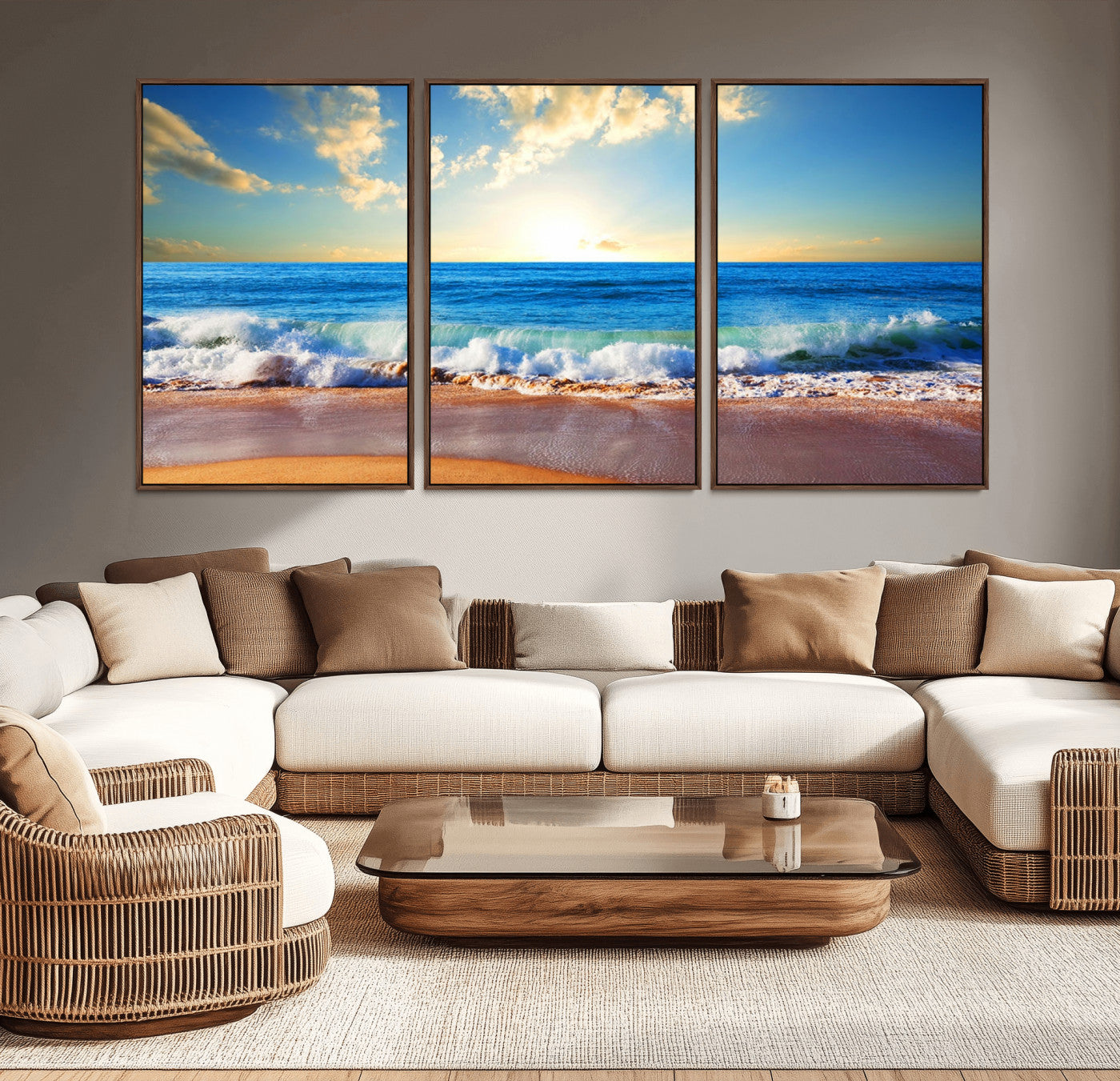 MGV-FC-60X30-3P - Tropical Beach Sunset Canvas Art, Ocean Waves and Sandy Shoreline Wall Art, Large Beach Decor for Coastal Homes