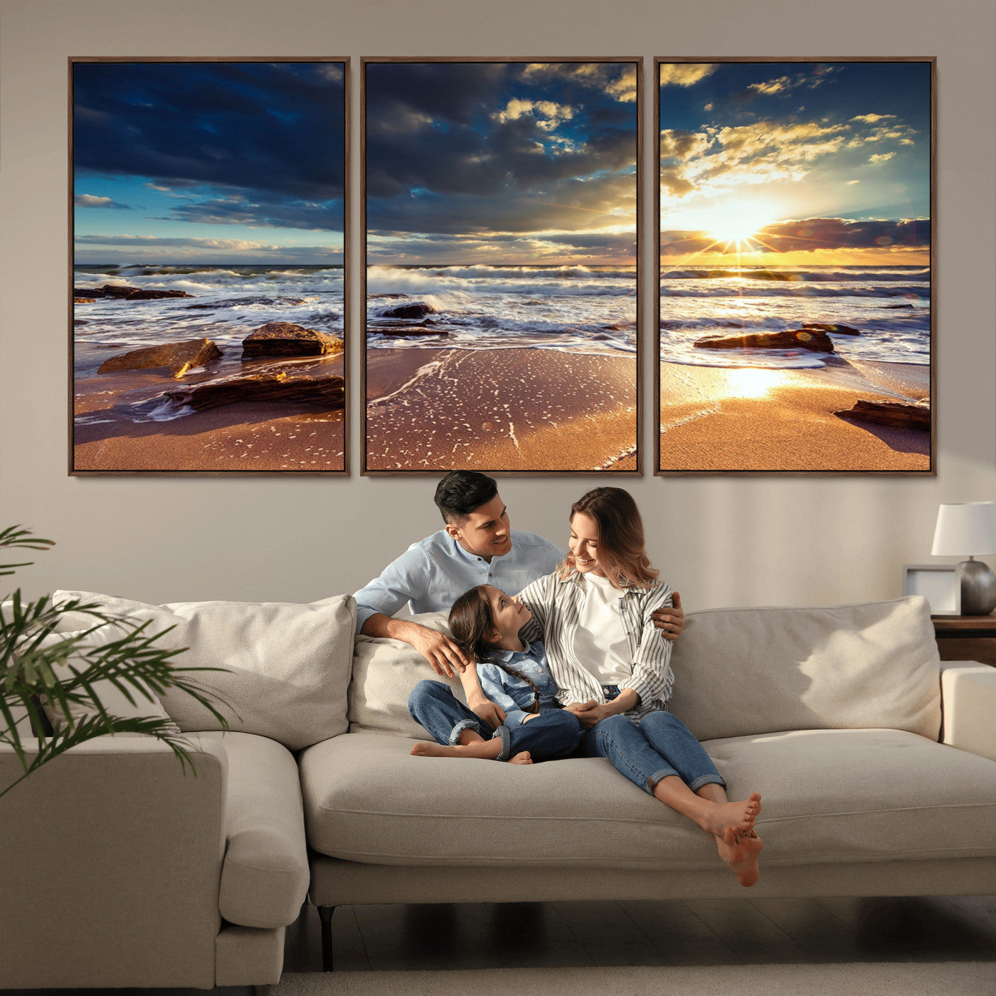 MGV-FC-60X30-3P - Golden Hour Beach Sunset Canvas Triptych, Ocean Waves and Rocks Wall Art for Coastal Home Decor