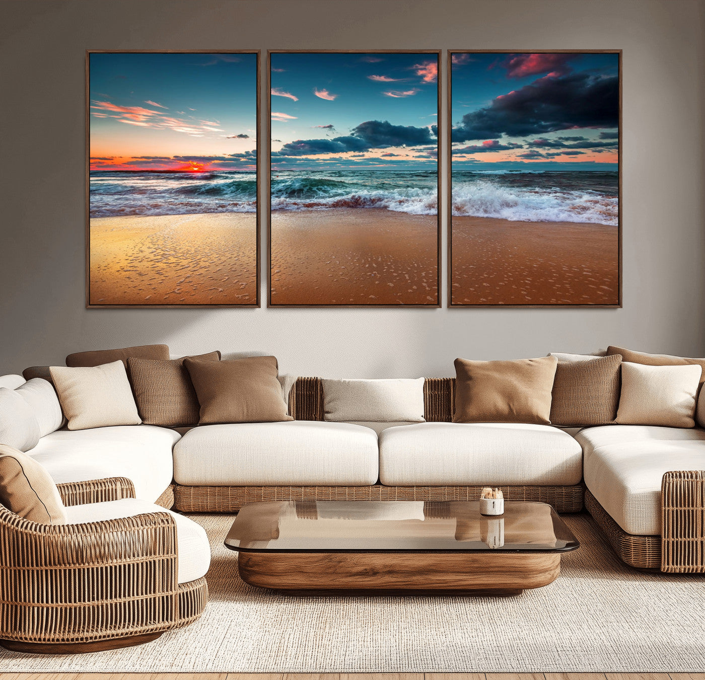 MGV-FC-60X30-3P - Sunset on Beach Wall Art Ocean Beach Canvas Print