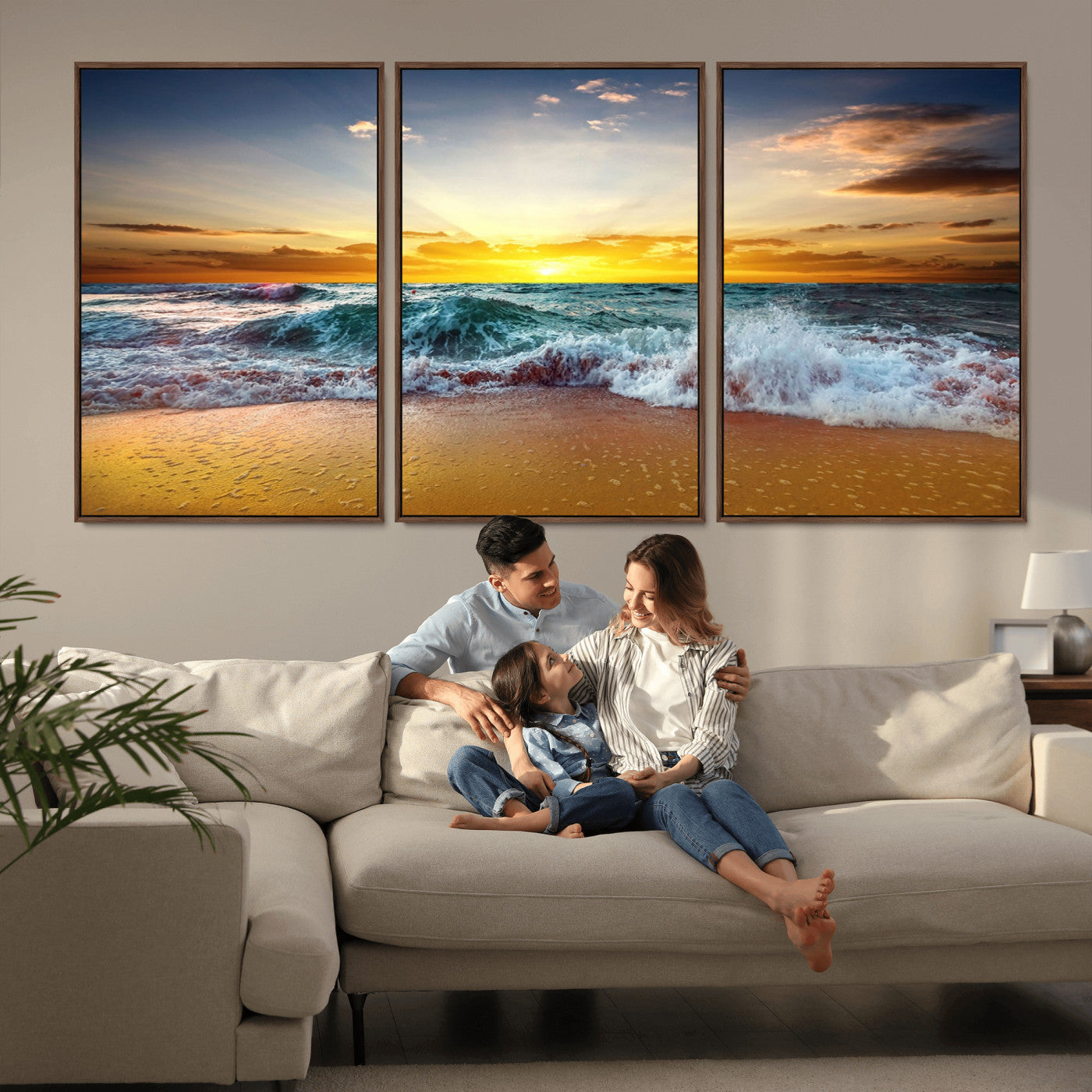 MGV-FC-60X30-3P - Golden Sunset Ocean Waves Wall Art Canvas Print – Multi Panel Beach Canvas Print Set – Large Coastal Triptych Print for Home or Farmhouse Decor