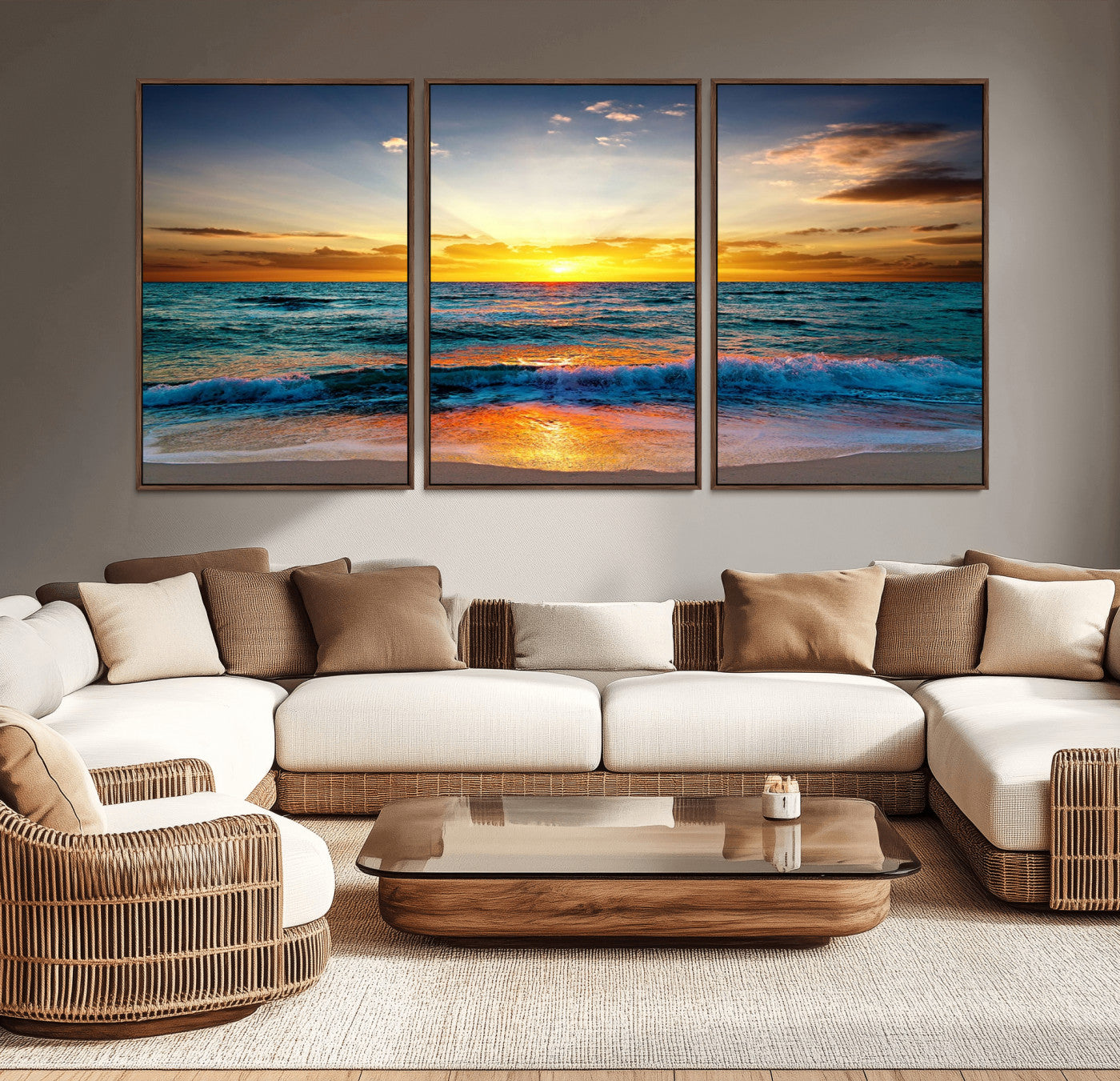 -Vibrant Ocean Sunrise Over Golden Beach Waves, Giclee Canvas Wall Art Set, High-Quality Stretched