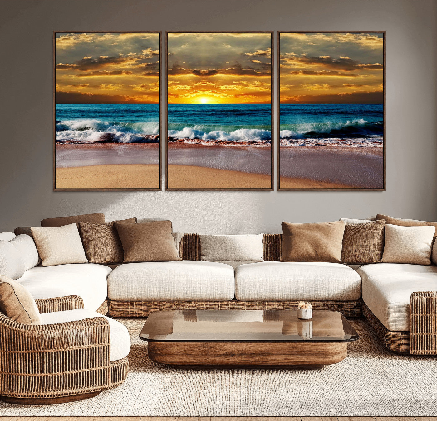 MGV-FC-60X30-3P - Ocean Sunrise Over Golden Beach Waves, Giclee Canvas Wall Art Set, High-Quality Stretched Canvas Print, Ready to Hang Coastal Sunset Wall Decor