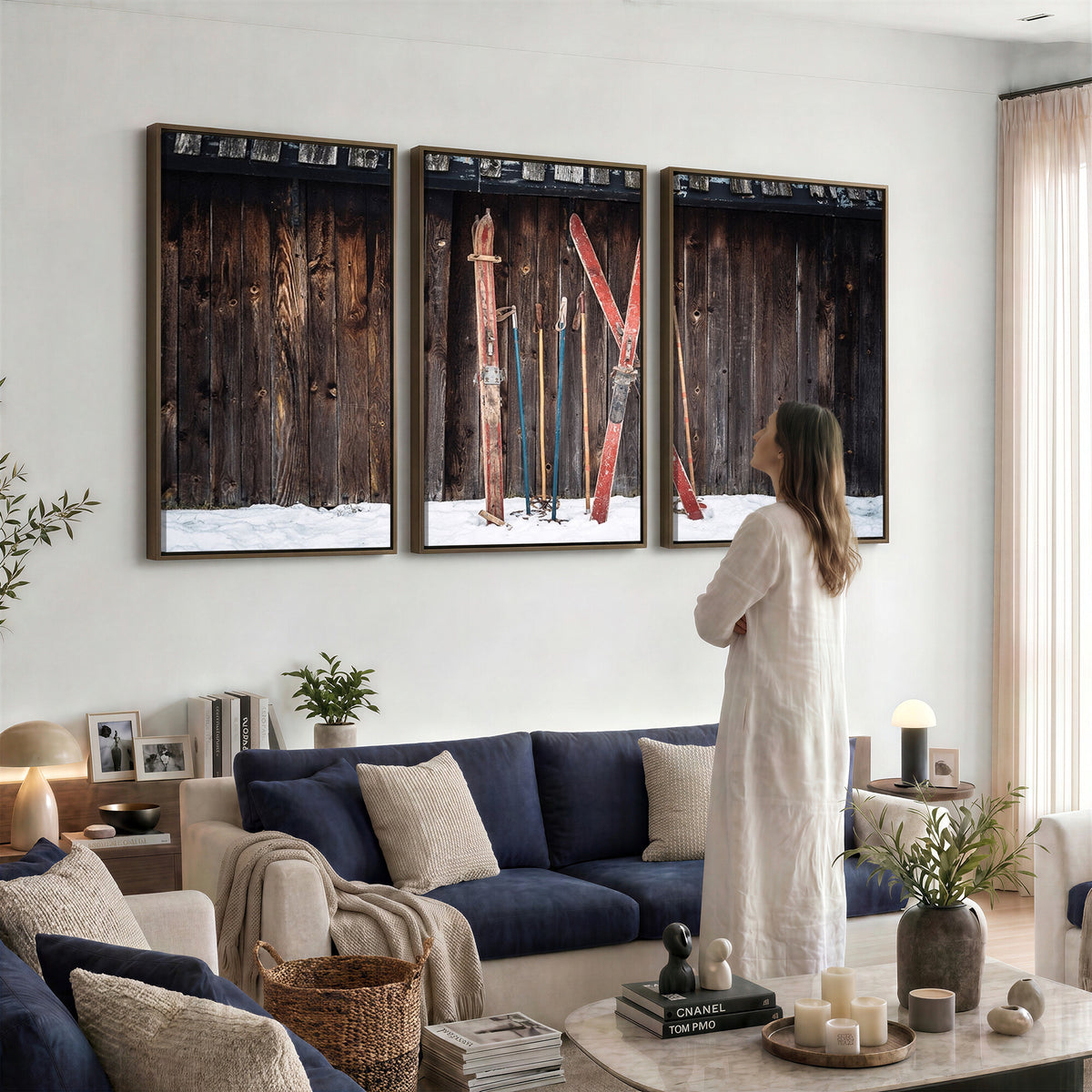 78590-MGV-CV-36X24 - Vintage Ski Gear Canvas Print, Vintage Ski Gear Against Wooden Cabin Wall