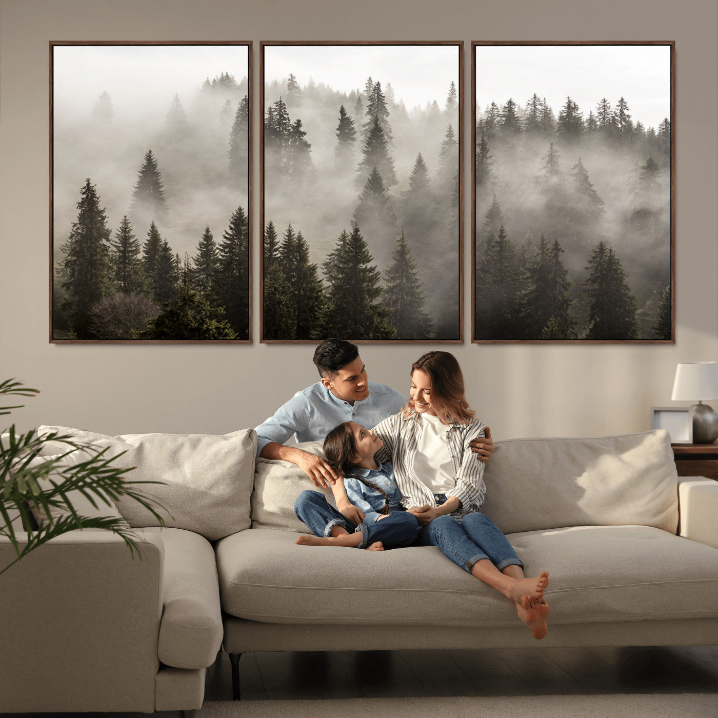MGV-FC-60X30-3P - Foggy Mountain Wall Art | 3-Panel Foggy Forest and Mountain Landscape | Large Giclee Print for